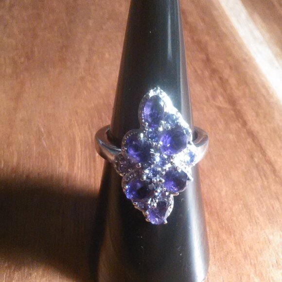 African Amethyst and Simulated Purple Diamond Stainless Steel Ring (Size 6) - Picture 10 of 13